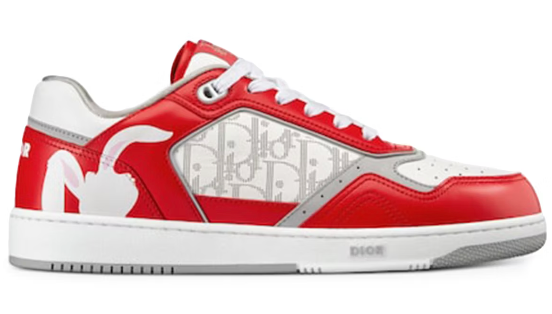 Dior B27 Low ERL Red and White Smooth Calfskin and White Dior Oblique Galaxy Leather with Rabbit Motif